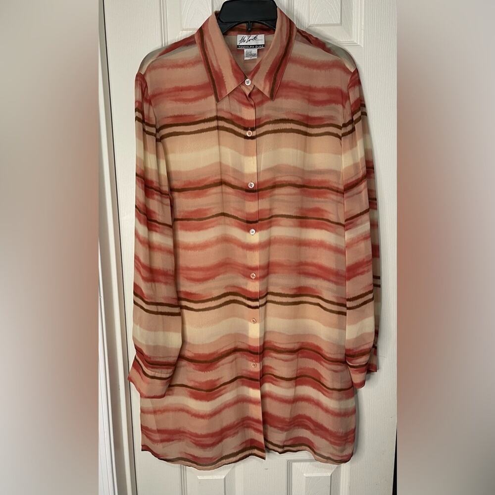 Sheer Vintage 90's Cream Mauve Silk Button Up Long Line Top sz 14